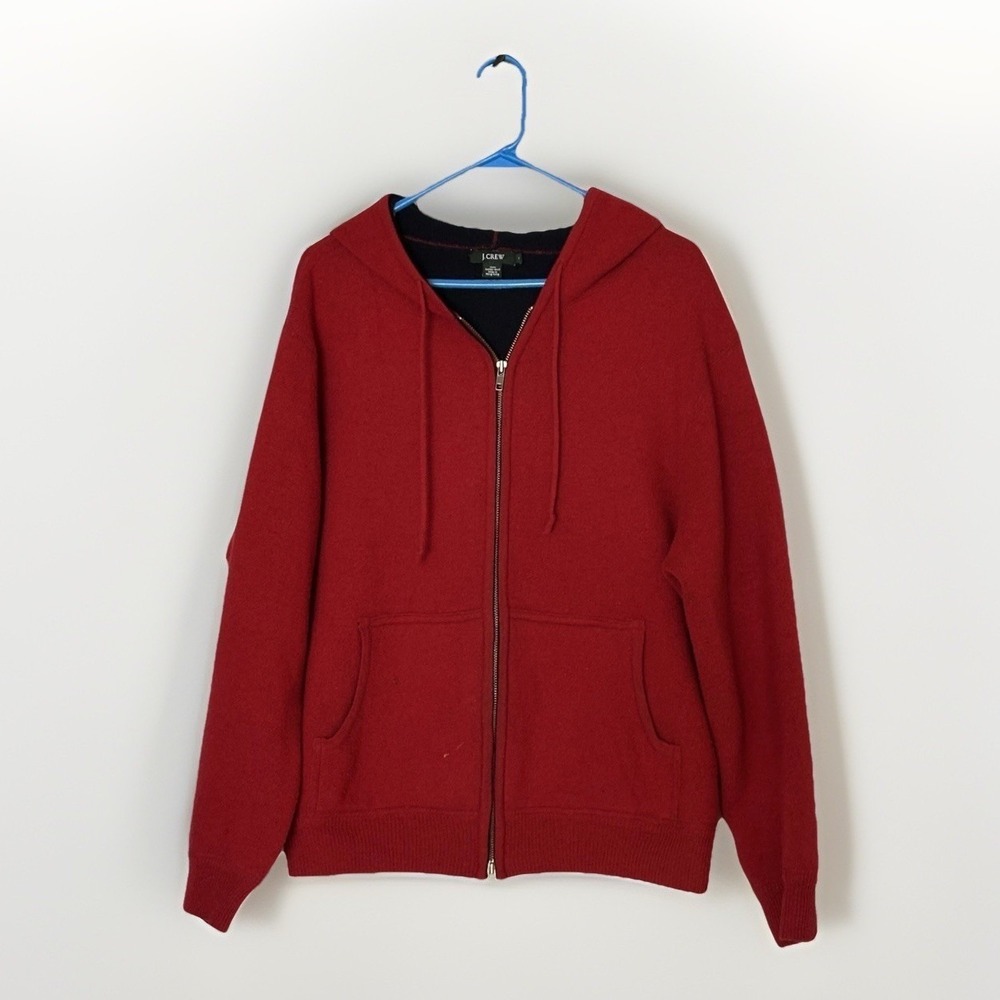 VTG 90s Y2K‎ J.Crew Red Lambswool Hooded Sweater Full Zip Mens Large *Read*